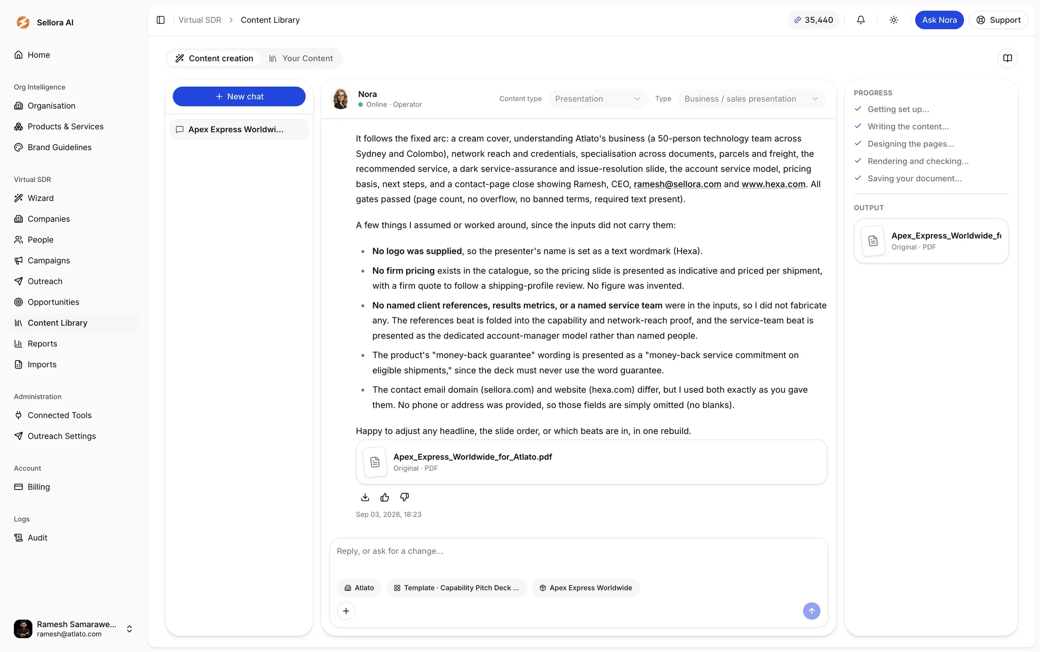 Nora generating a branded sales presentation with a progress checklist and PDF output