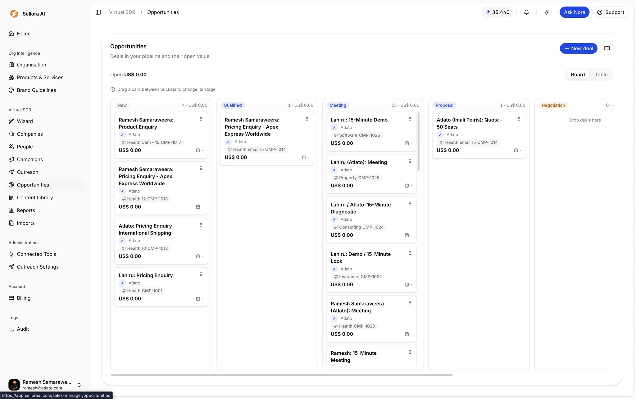 Sellora opportunities kanban board with deals across pipeline stages