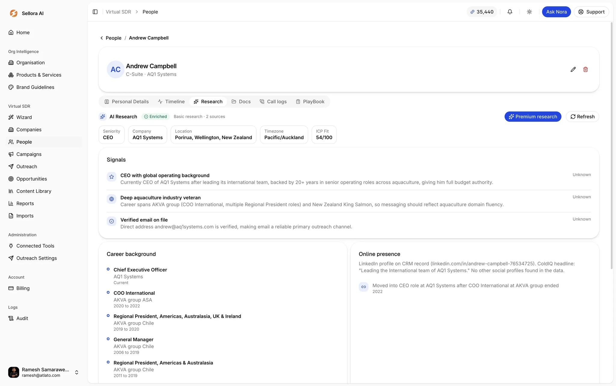 Sellora contact research view showing signals, career background and online presence for a prospect