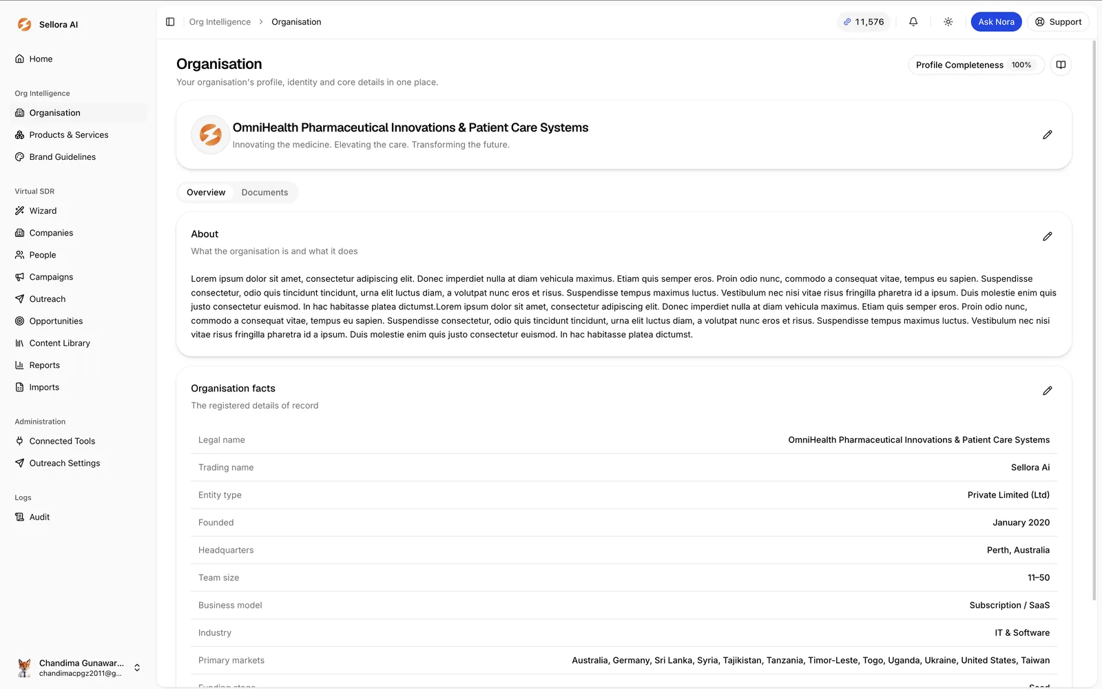 Sellora organisation profile with completeness score and organisation facts
