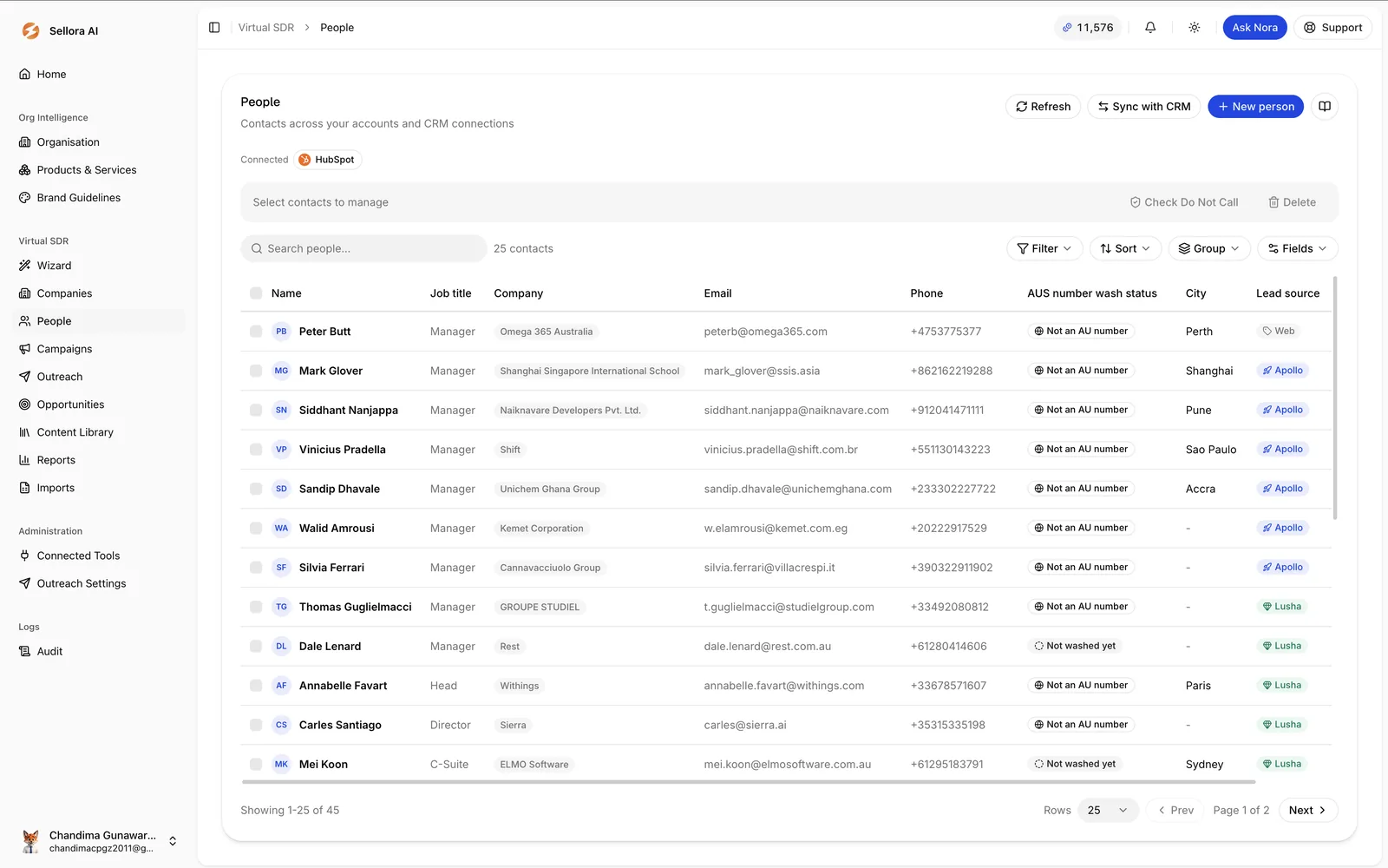 Sellora contact list showing enrichment source and number wash status