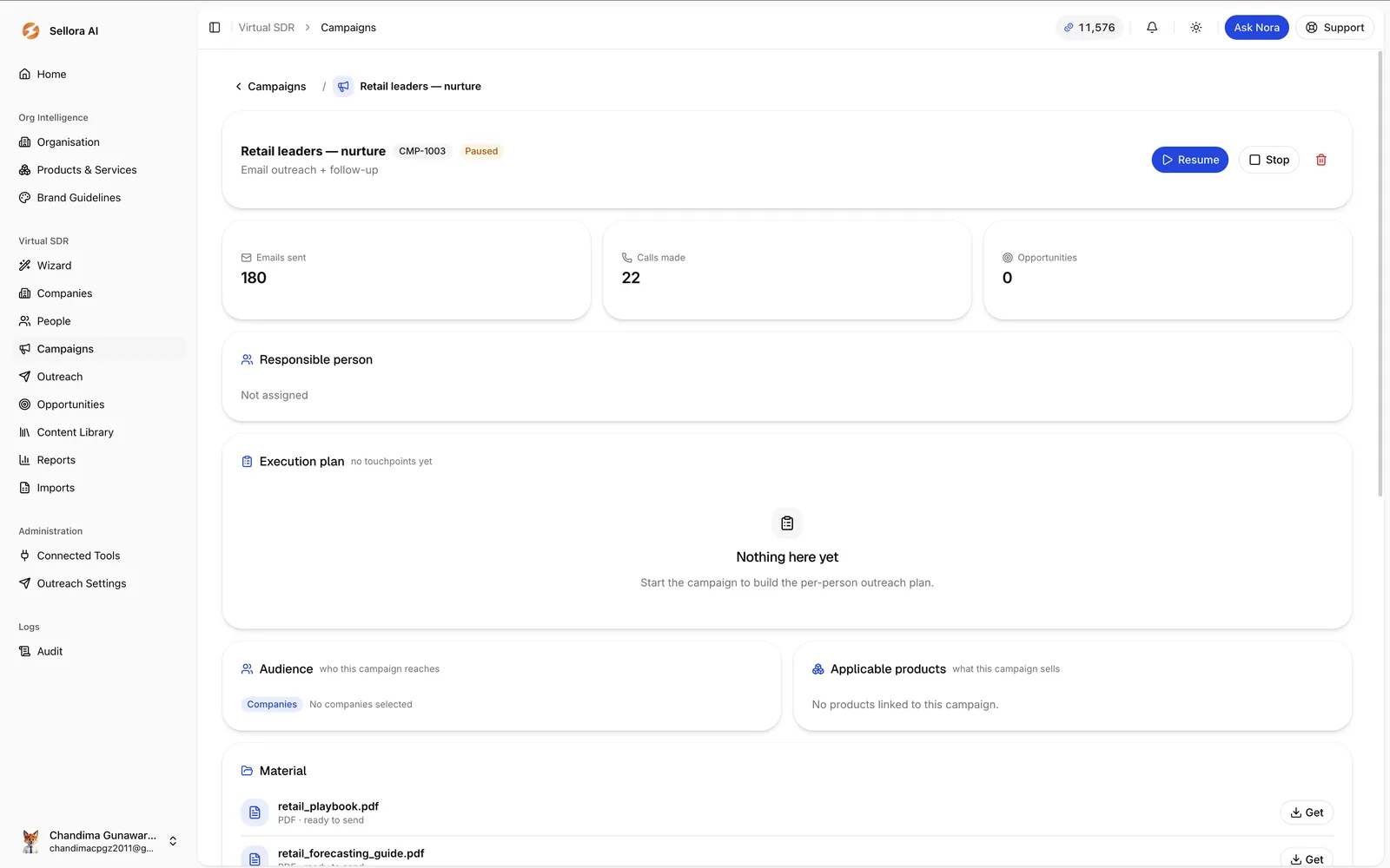 Sellora campaign detail showing emails sent, calls made and attached materials