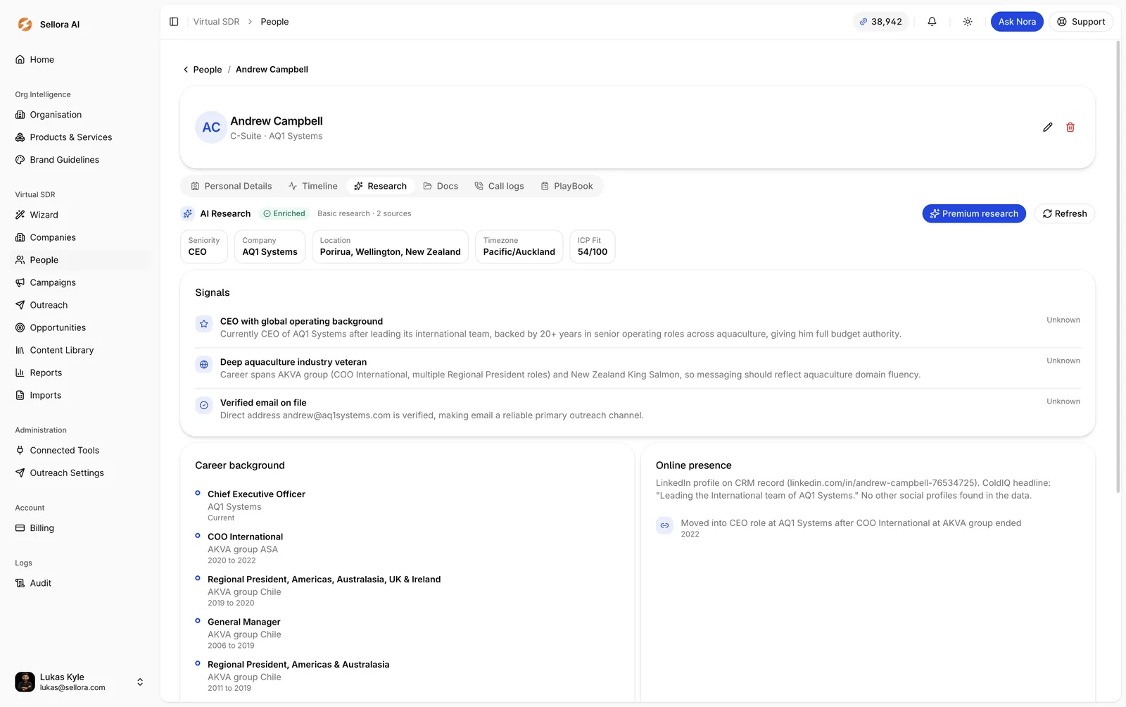 Sellora contact research view showing signals, career background and online presence for a prospect