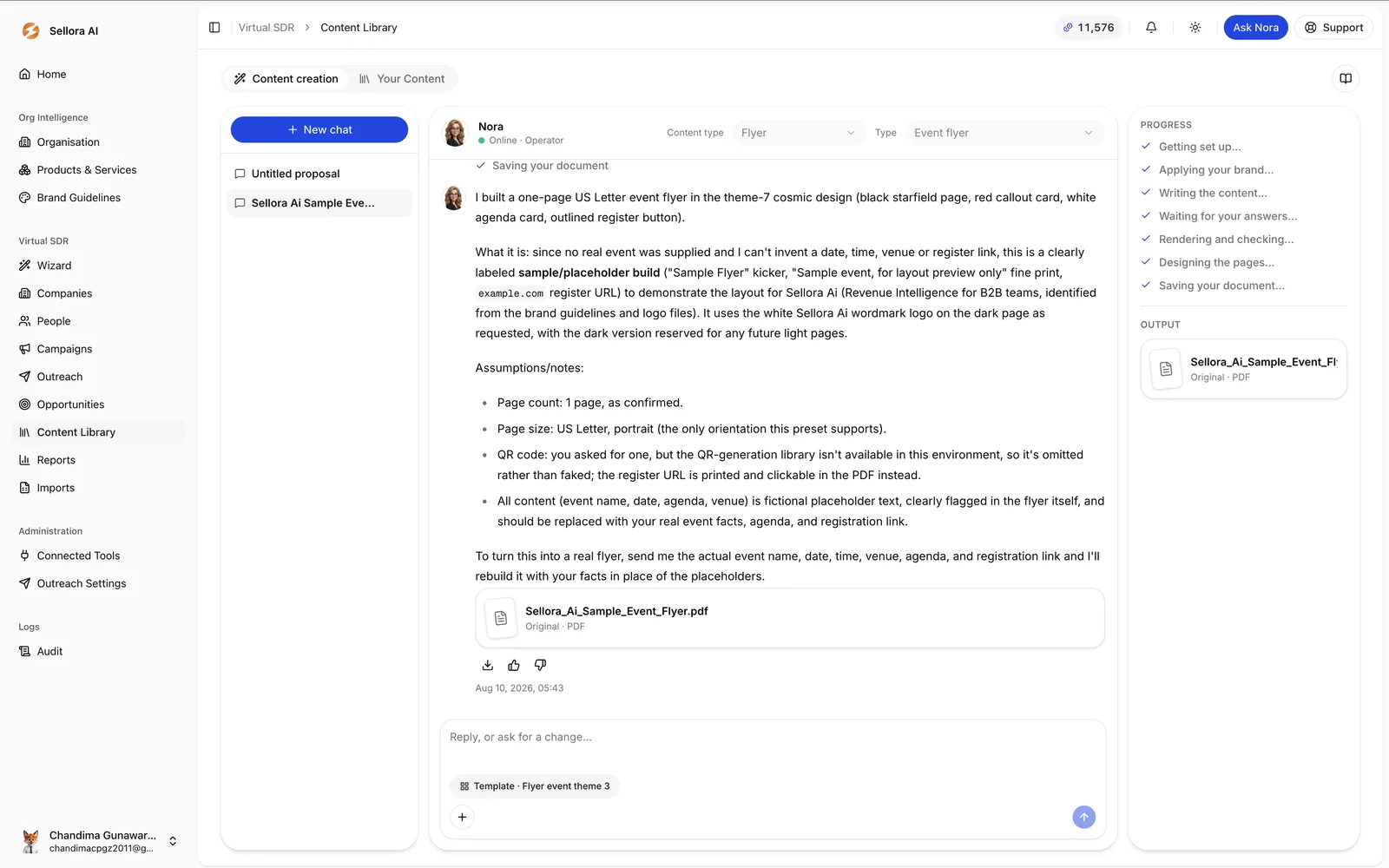 Nora generating a branded follow-up document with a progress checklist and PDF output